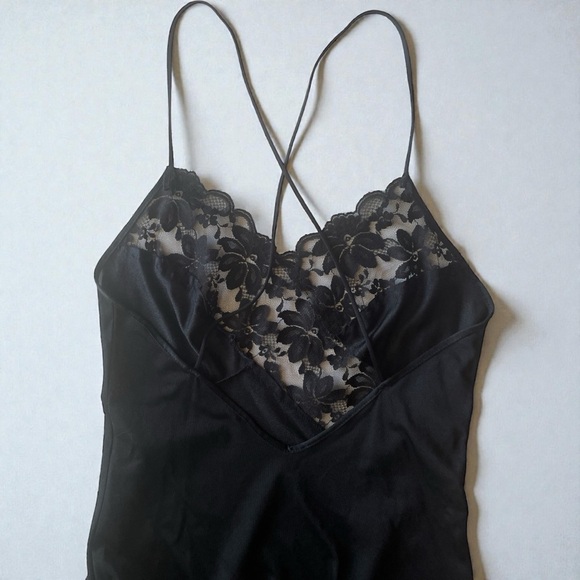 VTG 60s-70s JCPenny Olga Inspo Floral Lace Bandage Slit Maxi Slip in Black, S/M - Picture 4 of 9